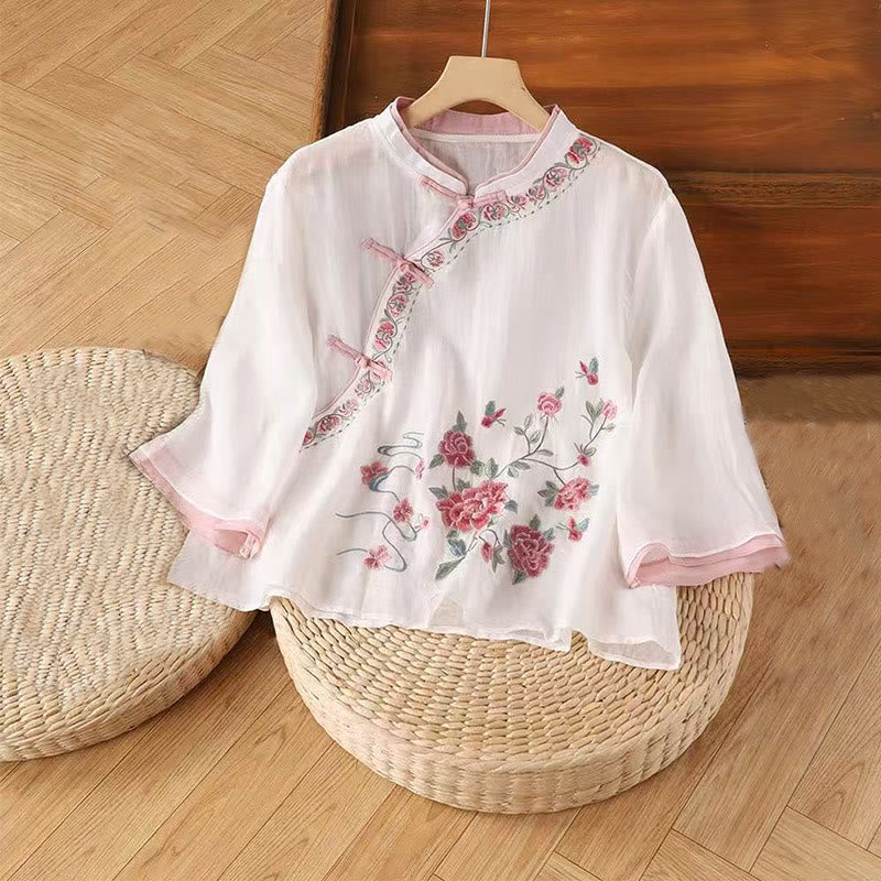 Camicia da donna in cotone e lino a maniche a tre quarti con ricamo vintage Zen a tema floreale e vegetale, ispirata Buddha Stones al design con bottoni a forma di rana cinese. - Lavanda Rosa - US12, UK/AU16, EU44 (4XL) - image 1