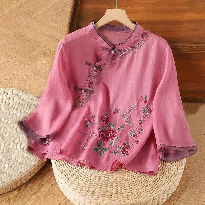 Camicia da donna in cotone e lino con maniche a tre quarti, motivo floreale, motivo zen vintage con ricamo Buddha Stones e rana cinese. - Rosso viola medio - US12, UK/AU16, EU44 (4XL) - image 4