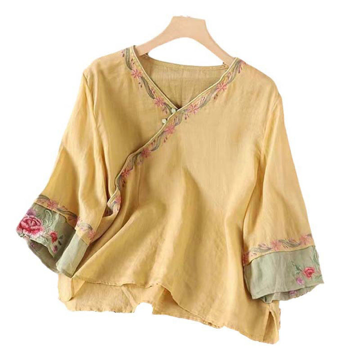 Camicia da donna in cotone con maniche a tre quarti, motivo Buddha Stones Spring Retro, ricamo con bottoni - image 7