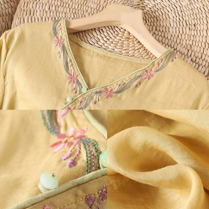 Camicia da donna in cotone con maniche a tre quarti, motivo Buddha Stones Spring Retro, ricamo con bottoni - image 6