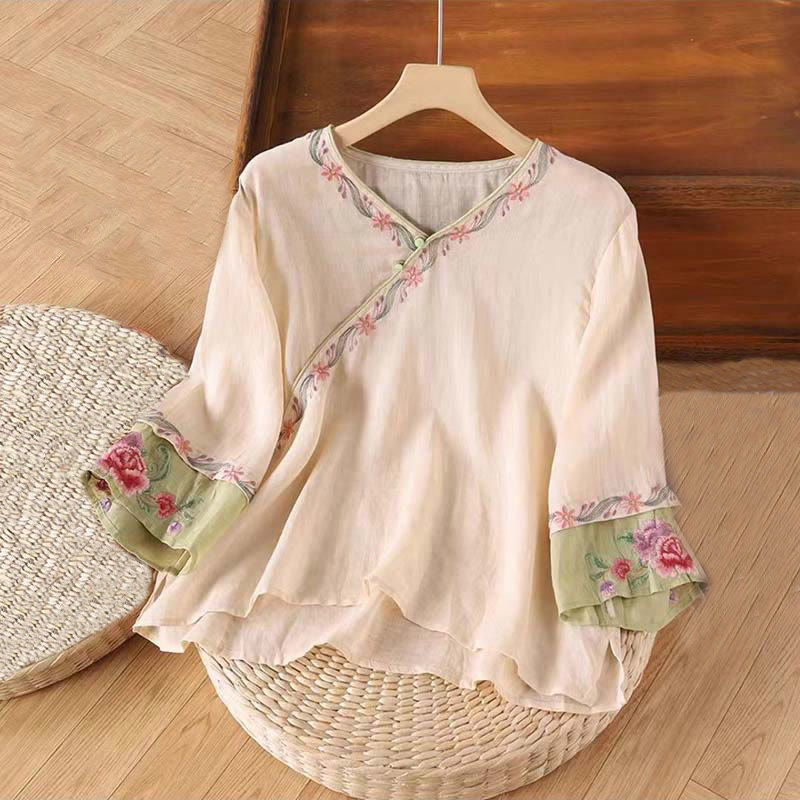 Camicia da donna in cotone con maniche a tre quarti, motivo Buddha Stones Spring Retro, ricamo con bottoni - Mandorla sbiancata - US14, UK/AU18, EU46 (4XL) - image 0