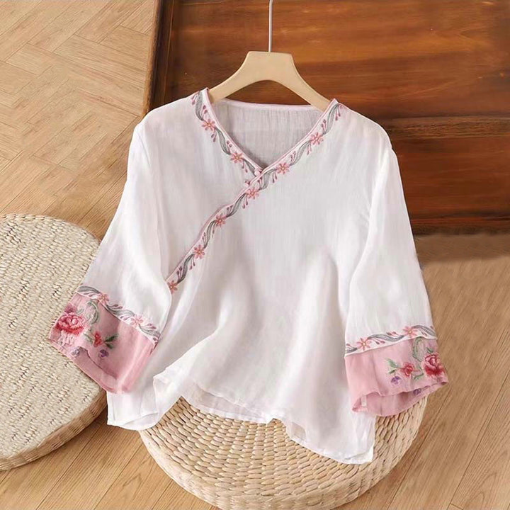 Camicia da donna in cotone con maniche a tre quarti, motivo Buddha Stones Spring Retro, ricamo con bottoni - LavandaBlush - US14, UK/AU18, EU46 (4XL) - image 3