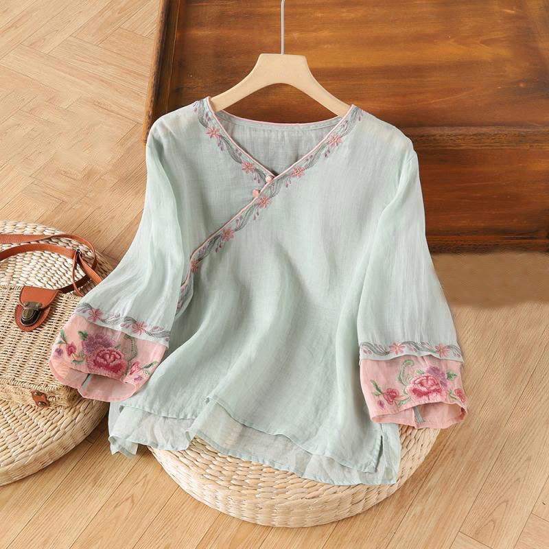 Camicia da donna in cotone con maniche a tre quarti, motivo Buddha Stones Spring Retro, ricamo con bottoni - Blu polvere - US14, UK/AU18, EU46 (4XL) - image 4