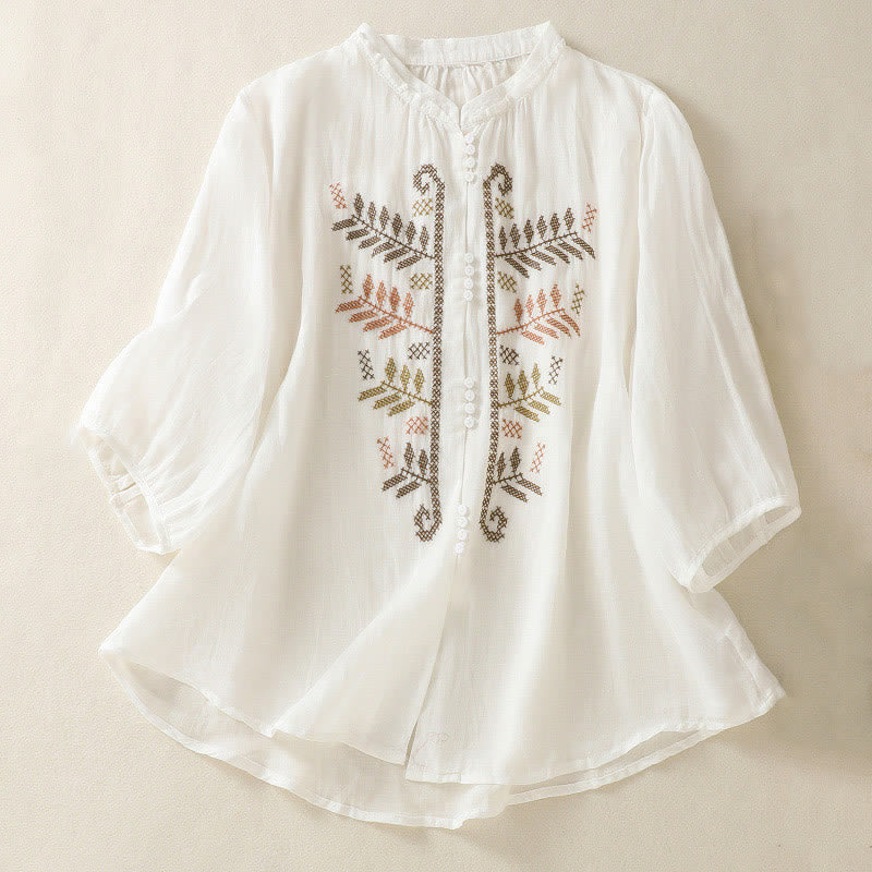 Camicia da donna a maniche a tre quarti con ricamo artistico e motivo a Buddha Stones. - Bianco - US8-10, UK/AU12-14, EU40-42 (2XL) - image 14