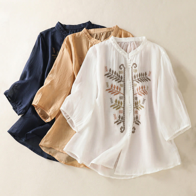 Camicia da donna a maniche a tre quarti con ricamo artistico e motivo a Buddha Stones. - image 22