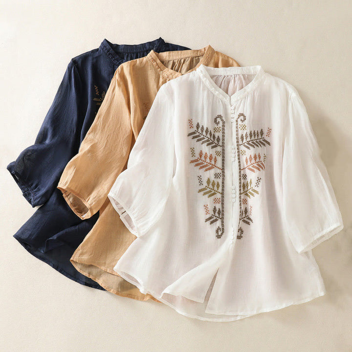 Camicia da donna a maniche a tre quarti con ricamo artistico e motivo a Buddha Stones. - image 22