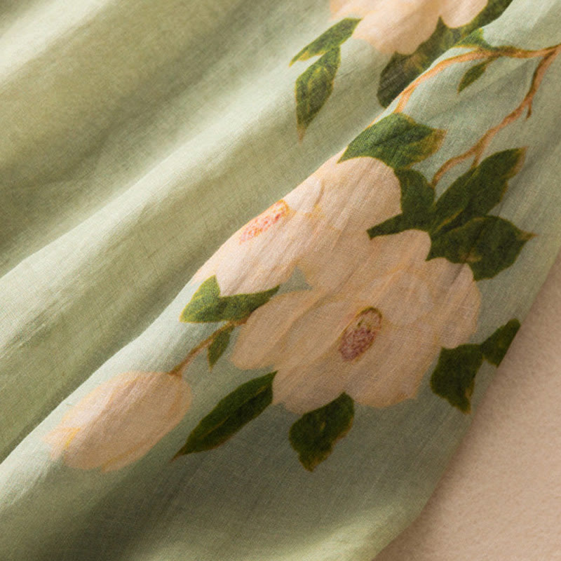 Camicia da donna a maniche lunghe in cotone e lino, verde chiaro, casual, con stampa artistica e motivo floreale, design con bottoni a forma di rana cinese Buddha Stones. - image 9