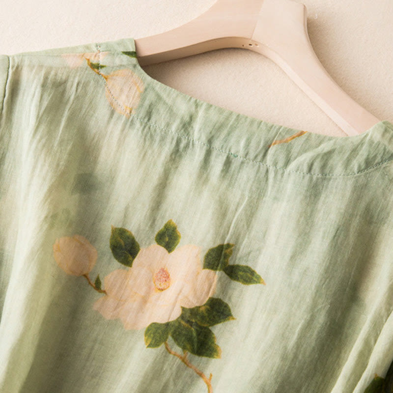 Camicia da donna a maniche lunghe in cotone e lino, verde chiaro, casual, con stampa artistica e motivo floreale, design con bottoni a forma di rana cinese Buddha Stones. - image 5