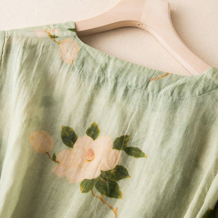 Camicia da donna a maniche lunghe in cotone e lino, verde chiaro, casual, con stampa artistica e motivo floreale, design con bottoni a forma di rana cinese Buddha Stones. - image 5