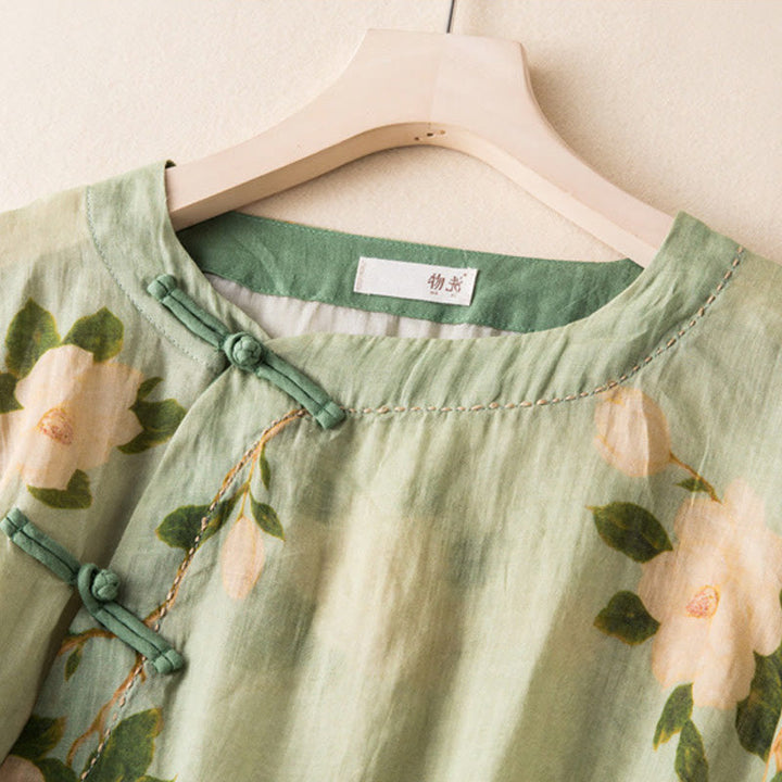 Camicia da donna a maniche lunghe in cotone e lino, verde chiaro, casual, con stampa artistica e motivo floreale, design con bottoni a forma di rana cinese Buddha Stones. - image 2