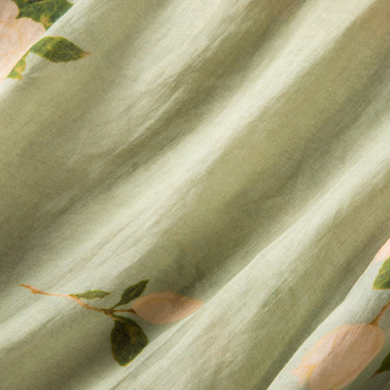 Camicia da donna a maniche lunghe in cotone e lino, verde chiaro, casual, con stampa artistica e motivo floreale, design con bottoni a forma di rana cinese Buddha Stones. - image 8