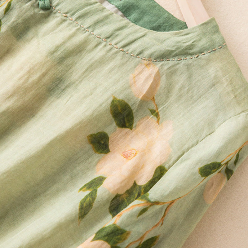 Camicia da donna a maniche lunghe in cotone e lino, verde chiaro, casual, con stampa artistica e motivo floreale, design con bottoni a forma di rana cinese Buddha Stones. - image 4