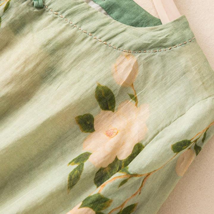 Camicia da donna a maniche lunghe in cotone e lino, verde chiaro, casual, con stampa artistica e motivo floreale, design con bottoni a forma di rana cinese Buddha Stones. - image 4