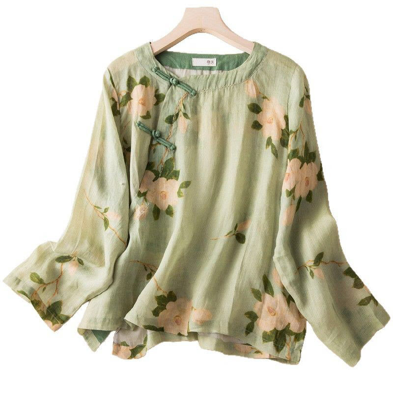 Camicia da donna a maniche lunghe in cotone e lino, verde chiaro, casual, con stampa artistica e motivo floreale, design con bottoni a forma di rana cinese Buddha Stones. - image 17
