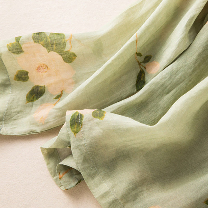 Camicia da donna a maniche lunghe in cotone e lino, verde chiaro, casual, con stampa artistica e motivo floreale, design con bottoni a forma di rana cinese Buddha Stones. - image 10