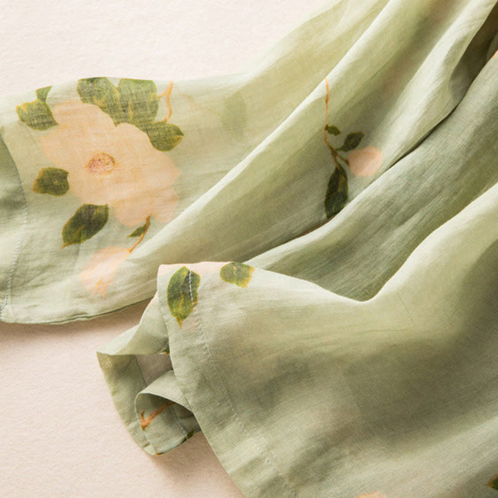 Camicia da donna a maniche lunghe in cotone e lino, verde chiaro, casual, con stampa artistica e motivo floreale, design con bottoni a forma di rana cinese Buddha Stones. - image 10