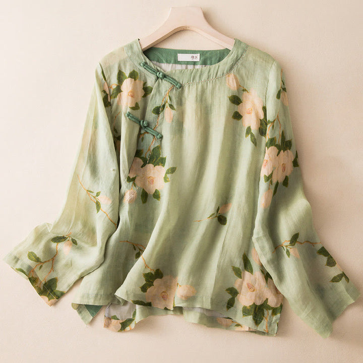 Camicia da donna a maniche lunghe in cotone e lino, verde chiaro, casual, con stampa artistica e motivo floreale, design con bottoni a forma di rana cinese Buddha Stones. - Verde chiaro - US8-10, UK/AU12-14, EU40-42 (2XL) - image 0