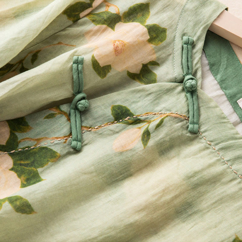 Camicia da donna a maniche lunghe in cotone e lino, verde chiaro, casual, con stampa artistica e motivo floreale, design con bottoni a forma di rana cinese Buddha Stones. - image 6