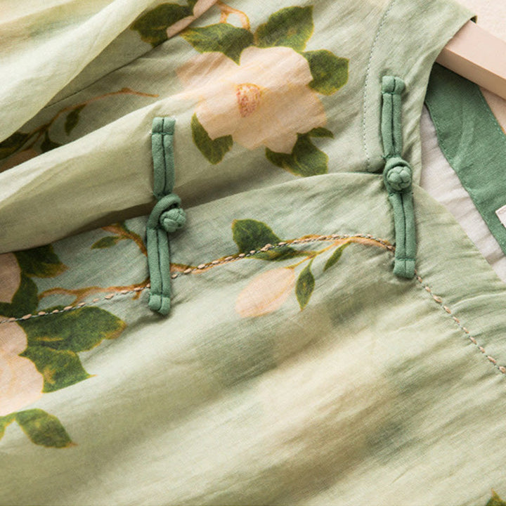 Camicia da donna a maniche lunghe in cotone e lino, verde chiaro, casual, con stampa artistica e motivo floreale, design con bottoni a forma di rana cinese Buddha Stones. - image 6