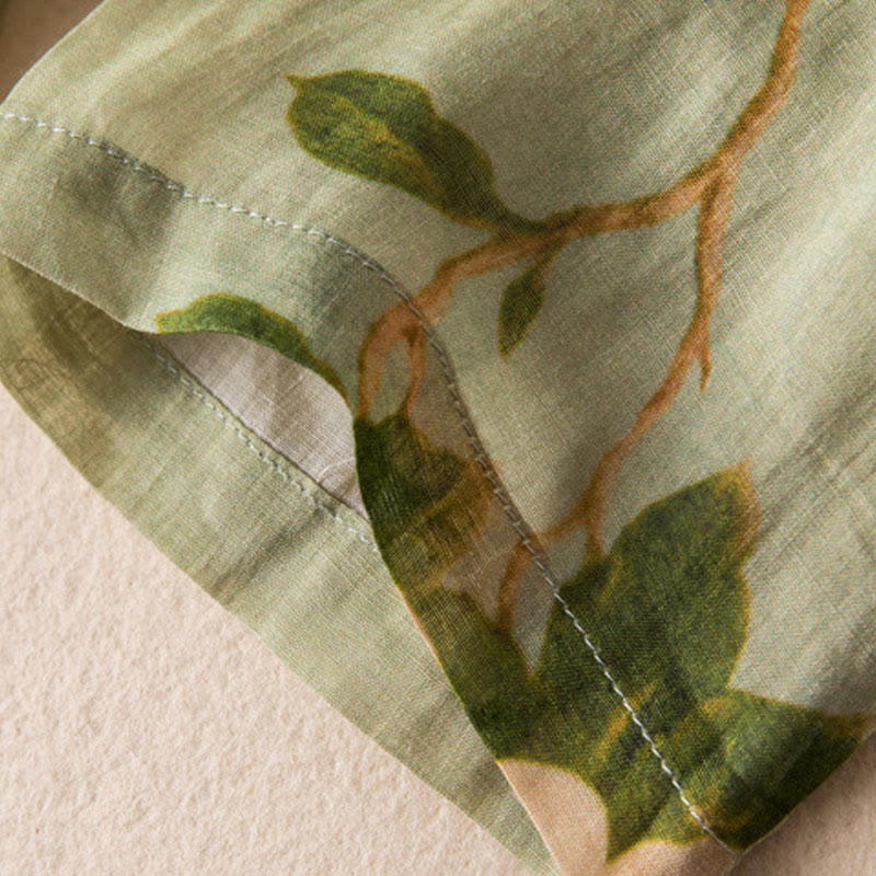 Camicia da donna a maniche lunghe in cotone e lino, verde chiaro, casual, con stampa artistica e motivo floreale, design con bottoni a forma di rana cinese Buddha Stones. - image 12