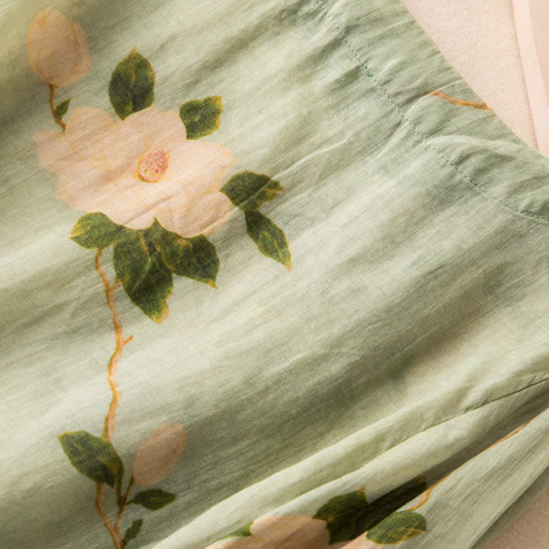 Camicia da donna a maniche lunghe in cotone e lino, verde chiaro, casual, con stampa artistica e motivo floreale, design con bottoni a forma di rana cinese Buddha Stones. - image 11