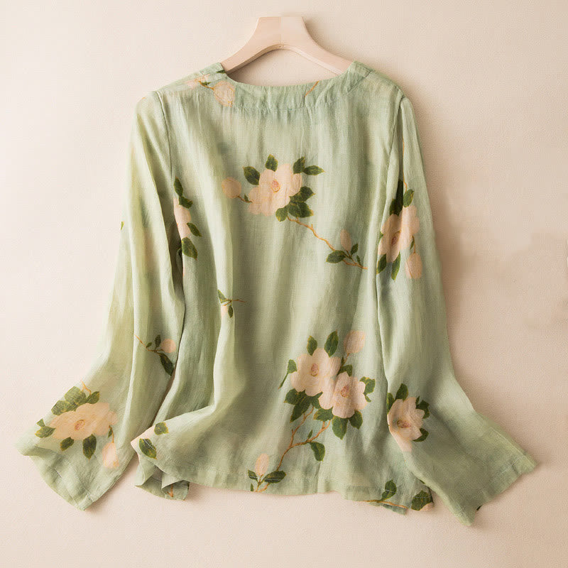 Cardigan a maniche lunghe in cotone e lino da donna, con stampa artistica casual verde chiaro, motivo floreale con rana cinese e bottoni, motivo Buddha Stones - image 1