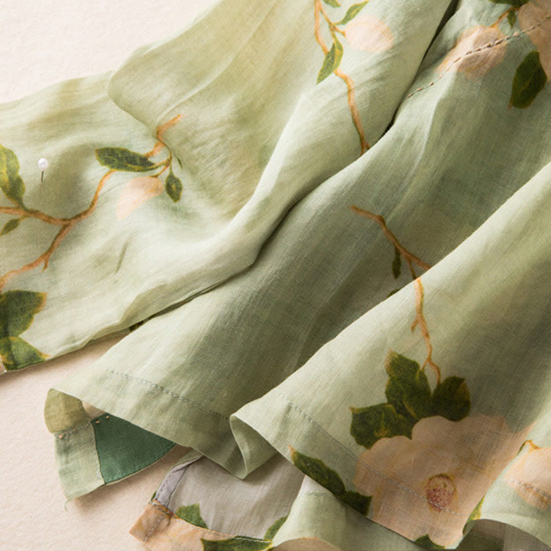 Camicia da donna a maniche lunghe in cotone e lino, verde chiaro, casual, con stampa artistica e motivo floreale, design con bottoni a forma di rana cinese Buddha Stones. - image 16