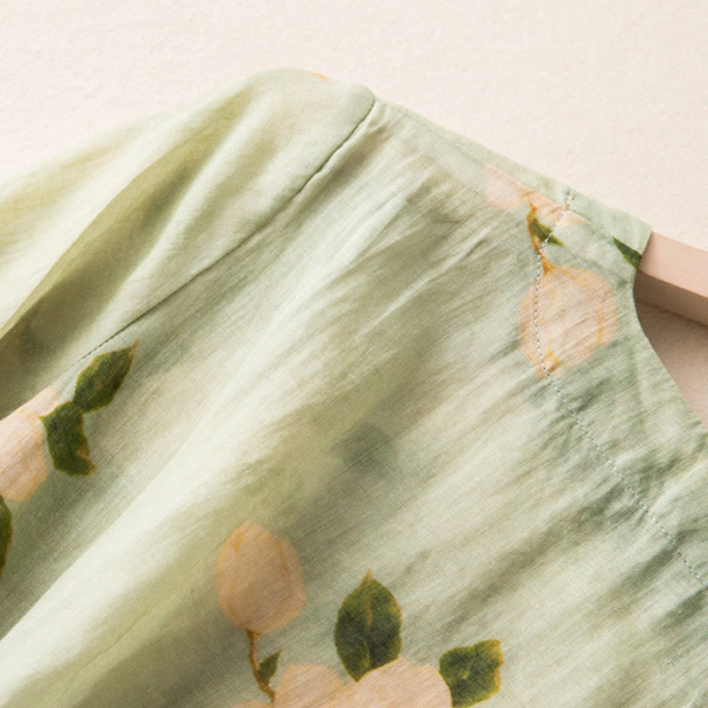 Camicia da donna a maniche lunghe in cotone e lino, verde chiaro, casual, con stampa artistica e motivo floreale, design con bottoni a forma di rana cinese Buddha Stones. - image 7