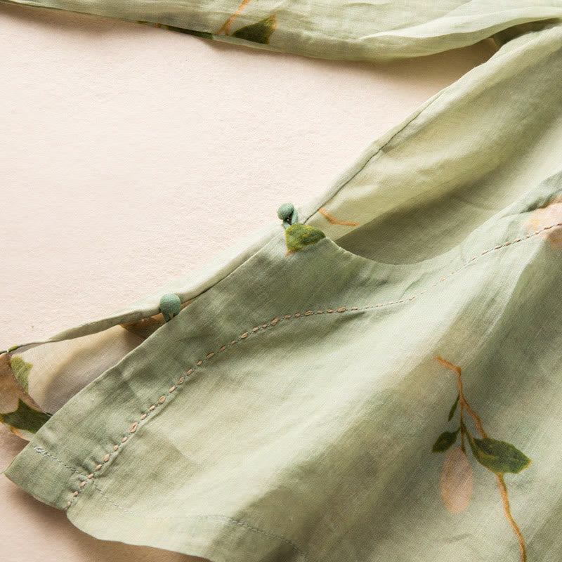 Camicia da donna a maniche lunghe in cotone e lino, verde chiaro, casual, con stampa artistica e motivo floreale, design con bottoni a forma di rana cinese Buddha Stones. - image 13