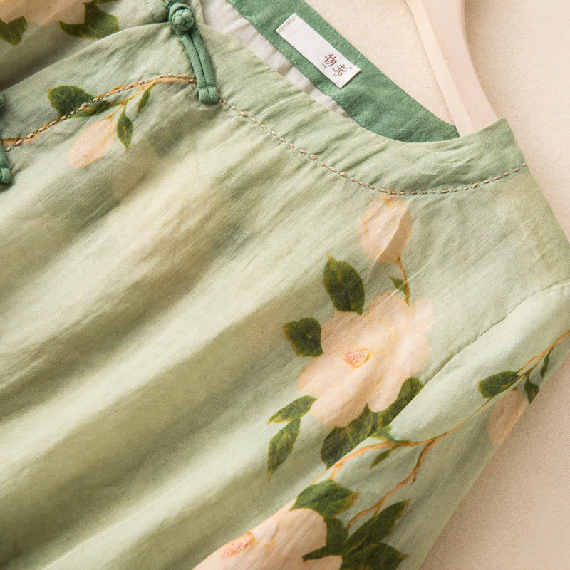 Camicia da donna a maniche lunghe in cotone e lino, verde chiaro, casual, con stampa artistica e motivo floreale, design con bottoni a forma di rana cinese Buddha Stones. - image 3