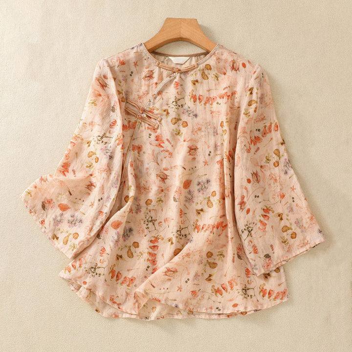 Camicia da donna in cotone e lino a maniche lunghe, con stampa estiva casual e bottoni a rana, motivo Buddha Stones