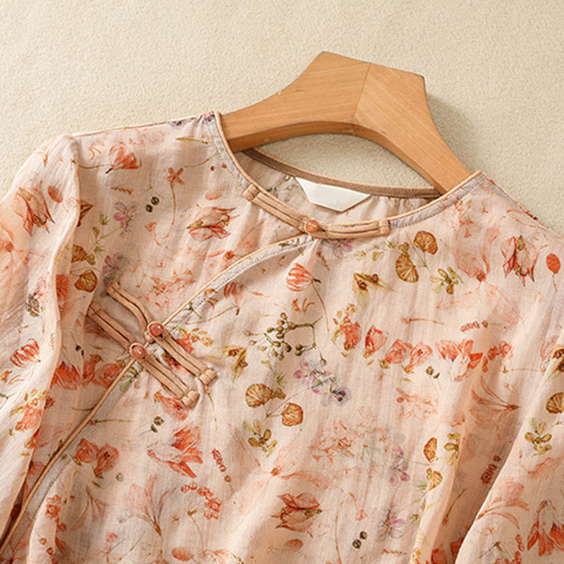 Camicia da donna in cotone e lino a maniche lunghe, con stampa estiva casual e bottoni a rana, motivo Buddha Stones - image 2