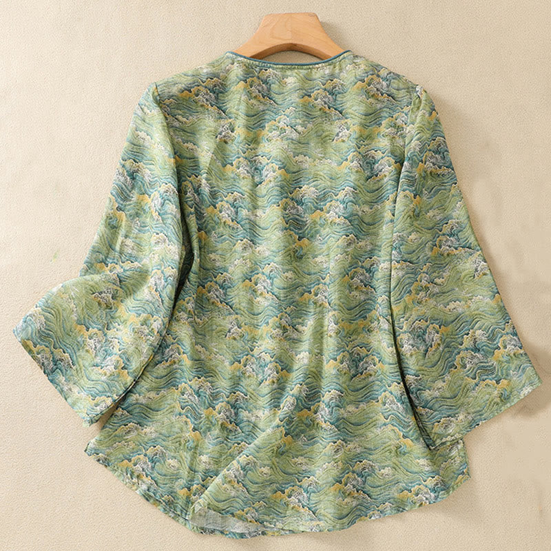 Camicia da donna in cotone e lino a maniche lunghe, con stampa estiva casual e bottoni a rana, motivo Buddha Stones - image 11