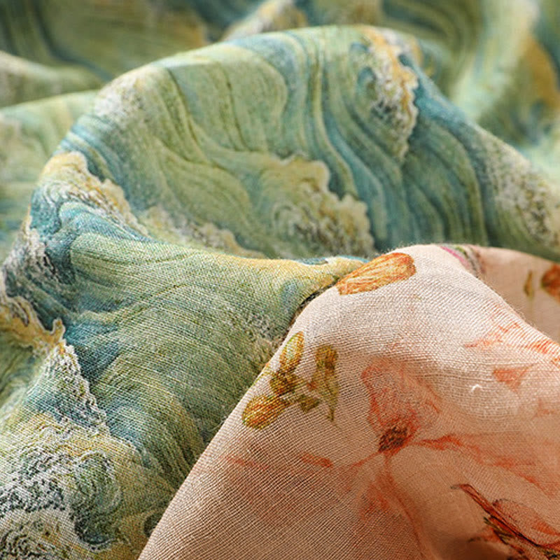 Camicia da donna in cotone e lino a maniche lunghe, con stampa estiva casual e bottoni a rana, motivo Buddha Stones