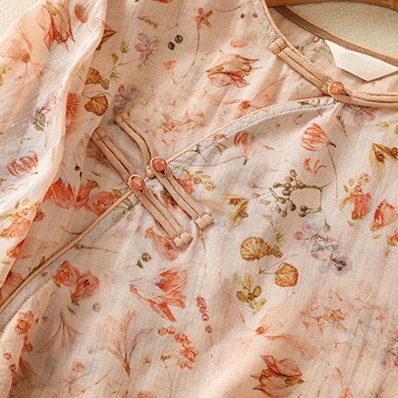 Camicia da donna in cotone e lino a maniche lunghe, con stampa estiva casual e bottoni a rana, motivo Buddha Stones