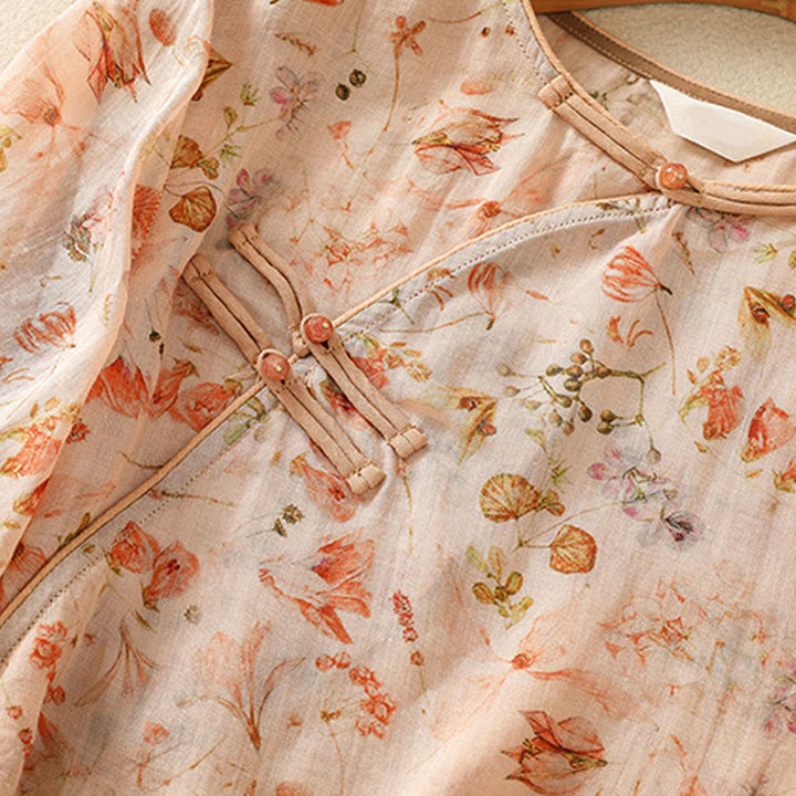 Camicia da donna in cotone e lino a maniche lunghe, con stampa estiva casual e bottoni a rana, motivo Buddha Stones