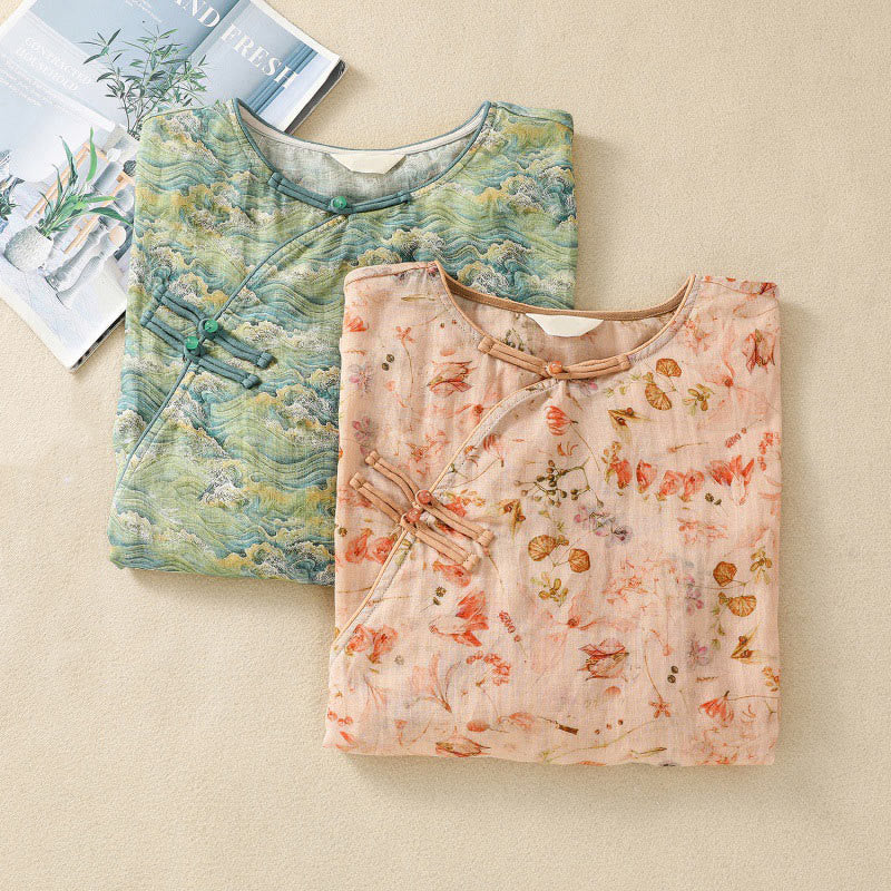 Camicia da donna in cotone e lino a maniche lunghe, con stampa estiva casual e bottoni a rana, motivo Buddha Stones - image 19