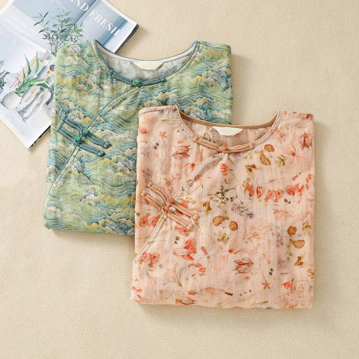 Camicia da donna in cotone e lino a maniche lunghe, con stampa estiva casual e bottoni a rana, motivo Buddha Stones - image 19