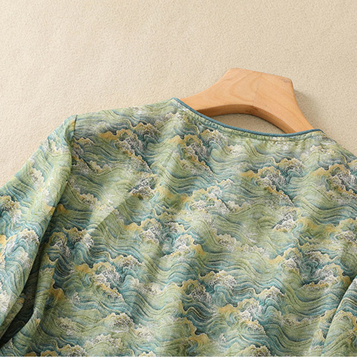 Camicia da donna in cotone e lino a maniche lunghe, con stampa estiva casual e bottoni a rana, motivo Buddha Stones