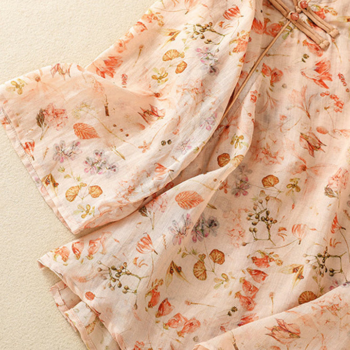 Camicia da donna in cotone e lino a maniche lunghe, con stampa estiva casual e bottoni a rana, motivo Buddha Stones