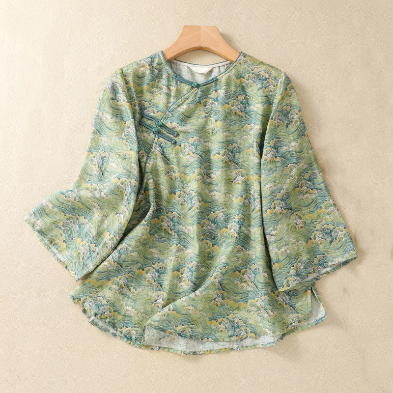 Camicia da donna in cotone e lino a maniche lunghe, con stampa estiva casual e bottoni a rana, motivo Buddha Stones - Verde lime - US8-10, UK/AU12-14, EU40-42 (2XL) - image 10