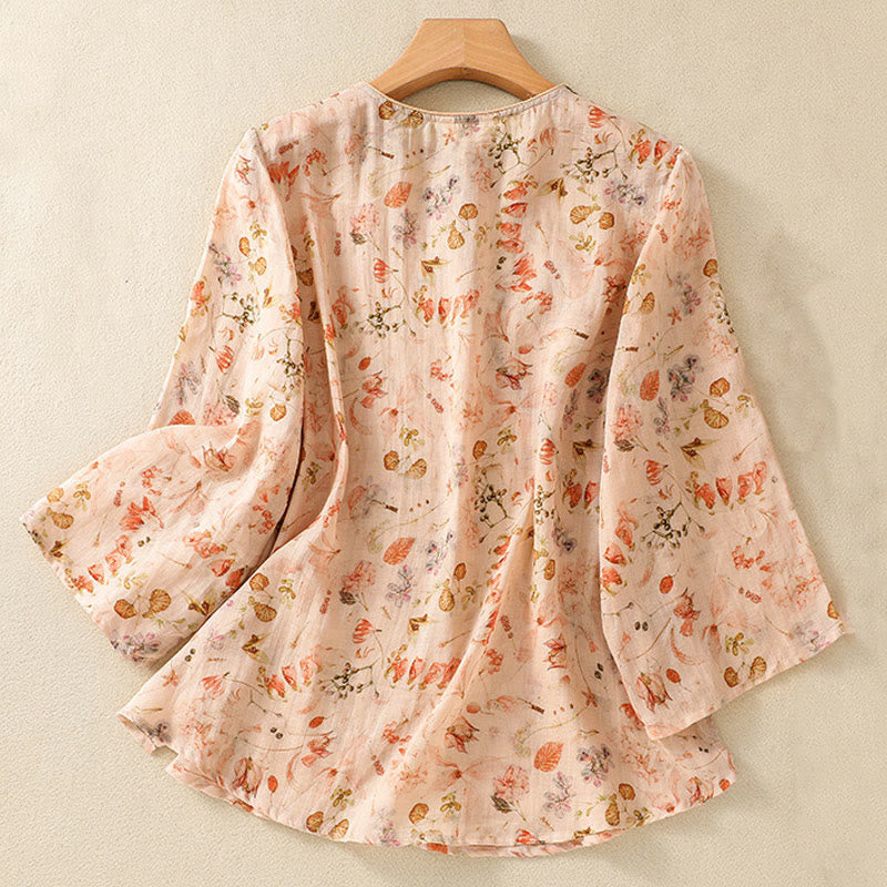 Camicia da donna in cotone e lino a maniche lunghe, con stampa estiva casual e bottoni a rana, motivo Buddha Stones