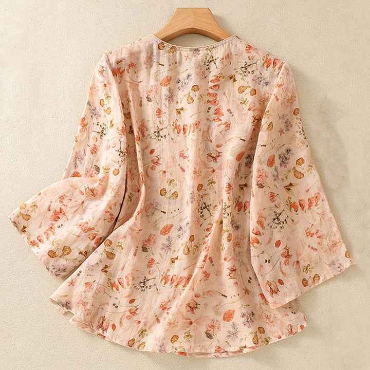 Camicia da donna in cotone e lino a maniche lunghe, con stampa estiva casual e bottoni a rana, motivo Buddha Stones