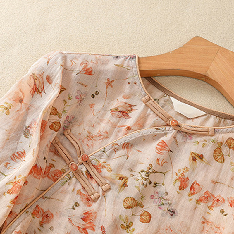 Camicia da donna in cotone e lino a maniche lunghe, con stampa estiva casual e bottoni a rana, motivo Buddha Stones