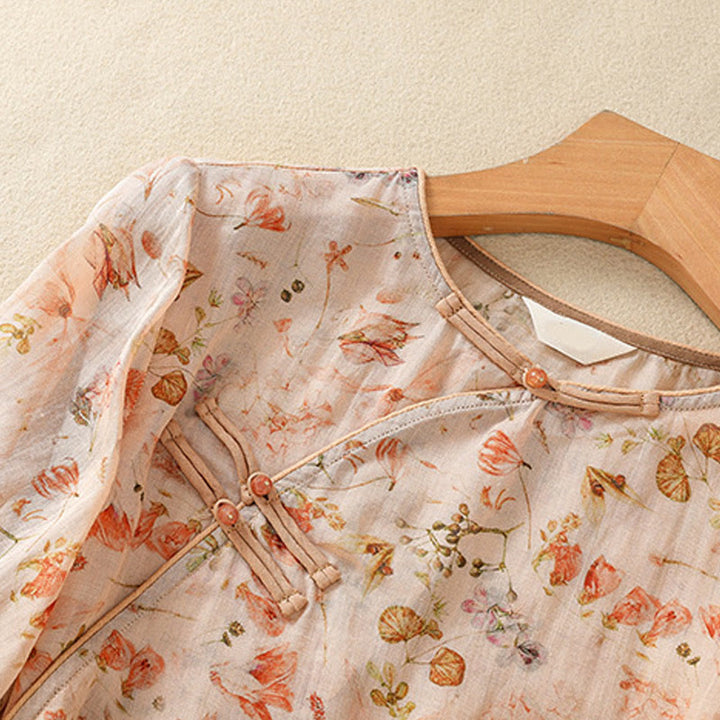 Camicia da donna in cotone e lino a maniche lunghe, con stampa estiva casual e bottoni a rana, motivo Buddha Stones