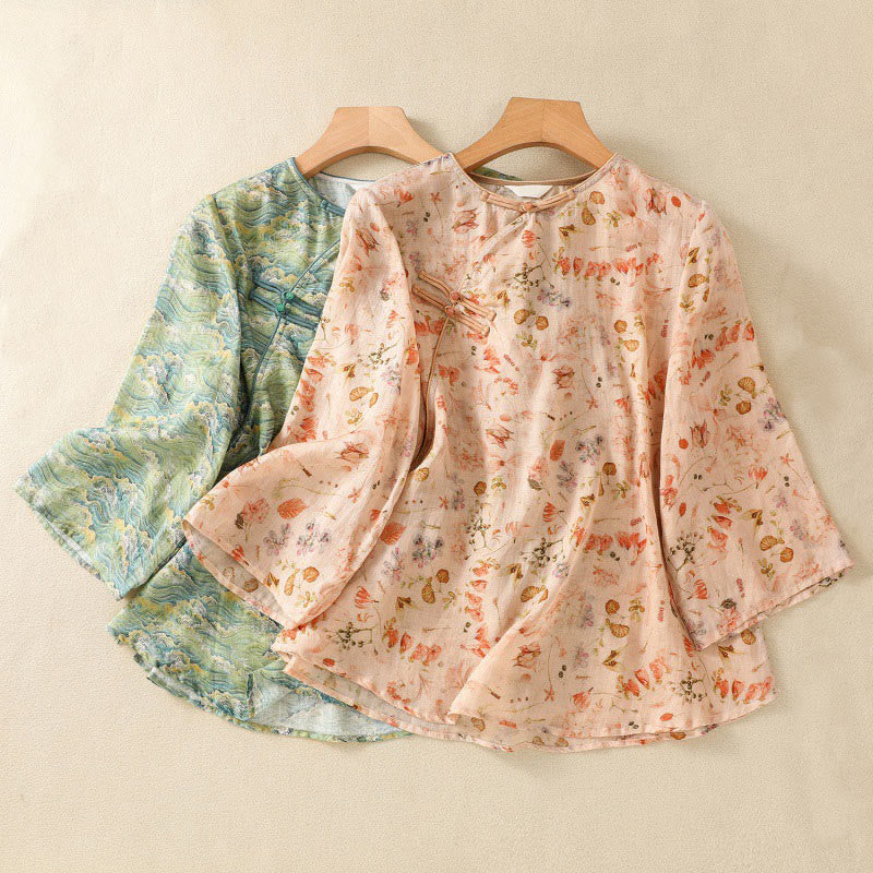 Camicia da donna in cotone e lino a maniche lunghe, con stampa estiva casual e bottoni a rana, motivo Buddha Stones - image 18