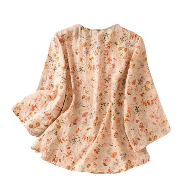 Camicia da donna in cotone e lino a maniche lunghe, con stampa estiva casual e bottoni a rana, motivo Buddha Stones - image 9