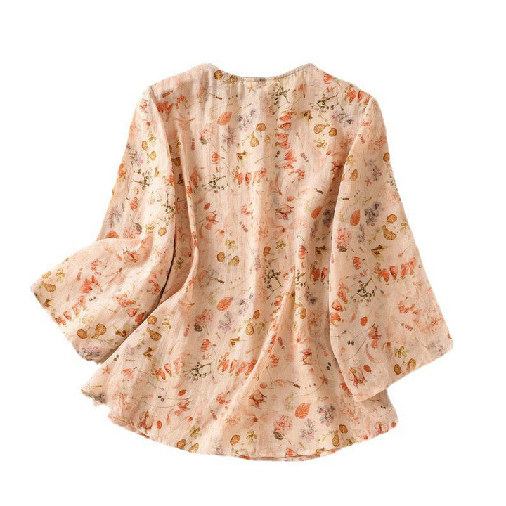 Camicia da donna in cotone e lino a maniche lunghe, con stampa estiva casual e bottoni a rana, motivo Buddha Stones - image 9