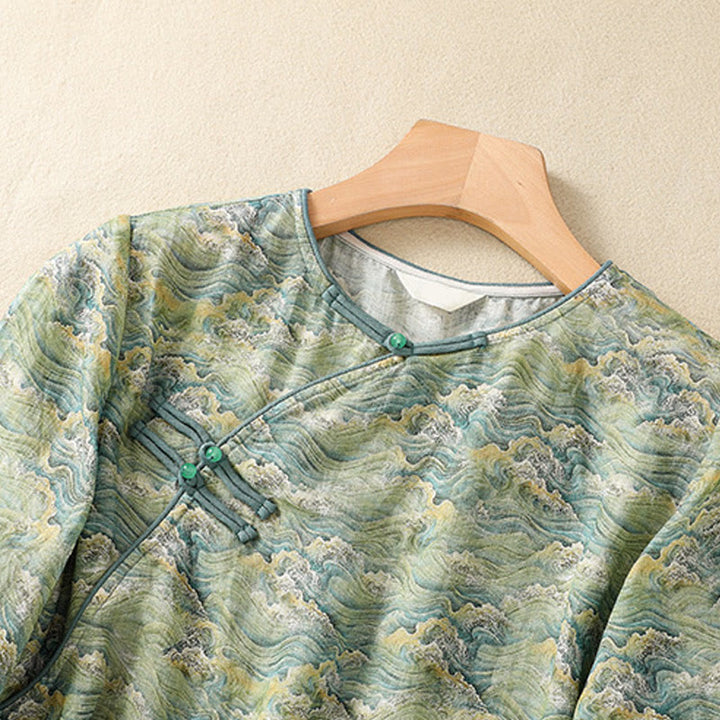 Camicia da donna in cotone e lino a maniche lunghe, con stampa estiva casual e bottoni a rana, motivo Buddha Stones