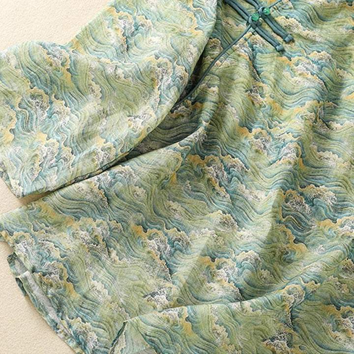 Camicia da donna in cotone e lino a maniche lunghe, con stampa estiva casual e bottoni a rana, motivo Buddha Stones